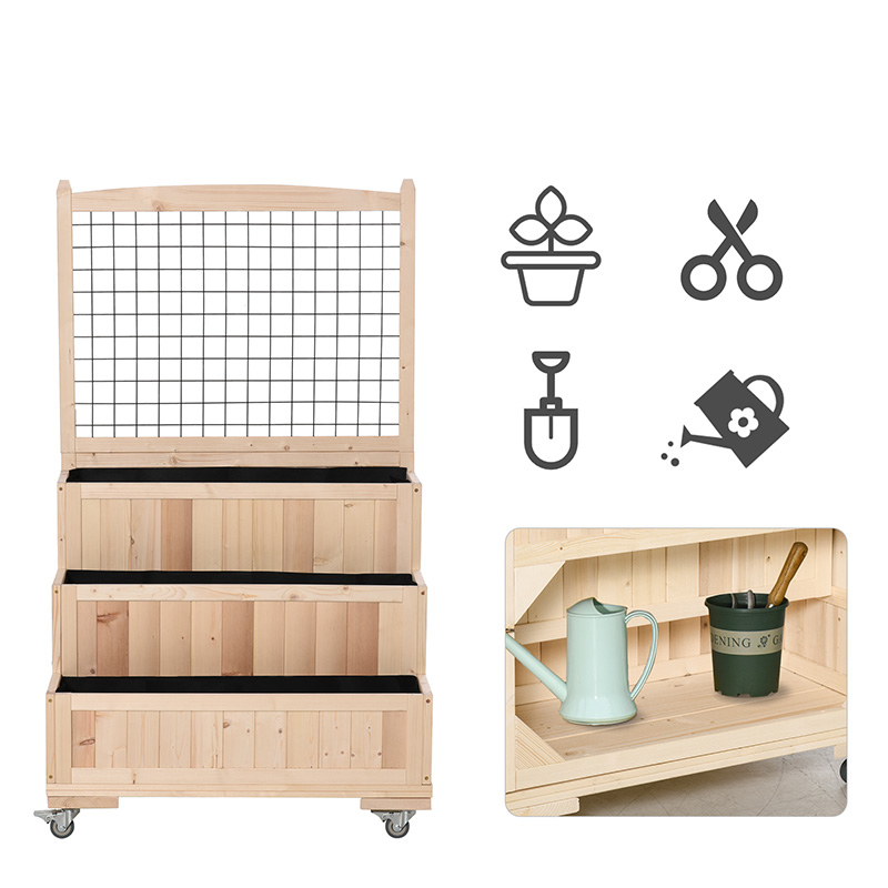 3 段の木製の上げられた庭のベッド、車輪、トレリス、背もたれの収納エリア、花、ハーブ、自然のために簡単に移動可能