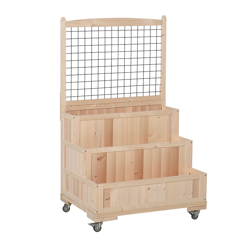 3 段の木製の上げられた庭のベッド、車輪、トレリス、背もたれの収納エリア、花、ハーブ、自然のために簡単に移動可能