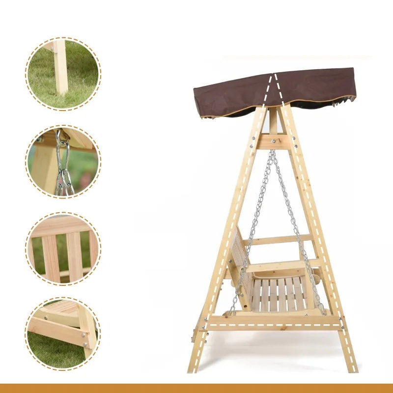 2 人用屋外ブランコ ポーチ ブランコ、木製スタンド付き、強力な A フレーム設計、調節可能な水戦用キャノピー