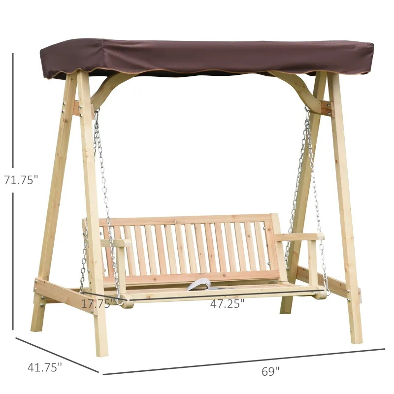2 人用屋外ブランコ ポーチ ブランコ、木製スタンド付き、強力な A フレーム設計、調節可能な水戦用キャノピー