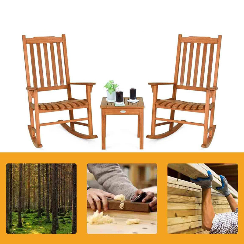 ポプラ材ロッキングチェア3点セット コーヒーテーブル付き 木製会話チェア2脚