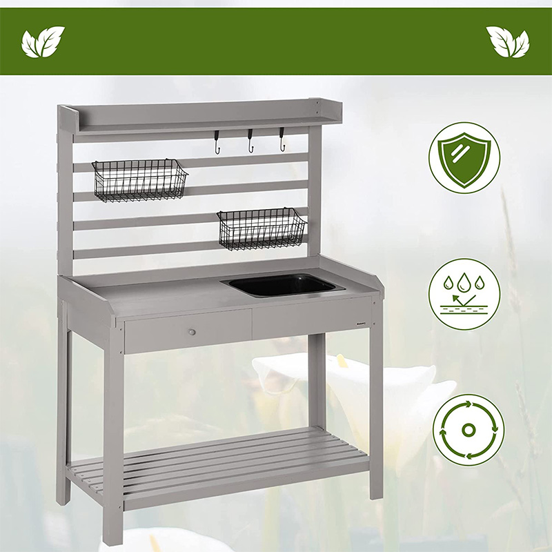 ポッティングベンチテーブル、ふるいスクリーン付きガーデンワークステーション、取り外し可能なシンクとバスケット