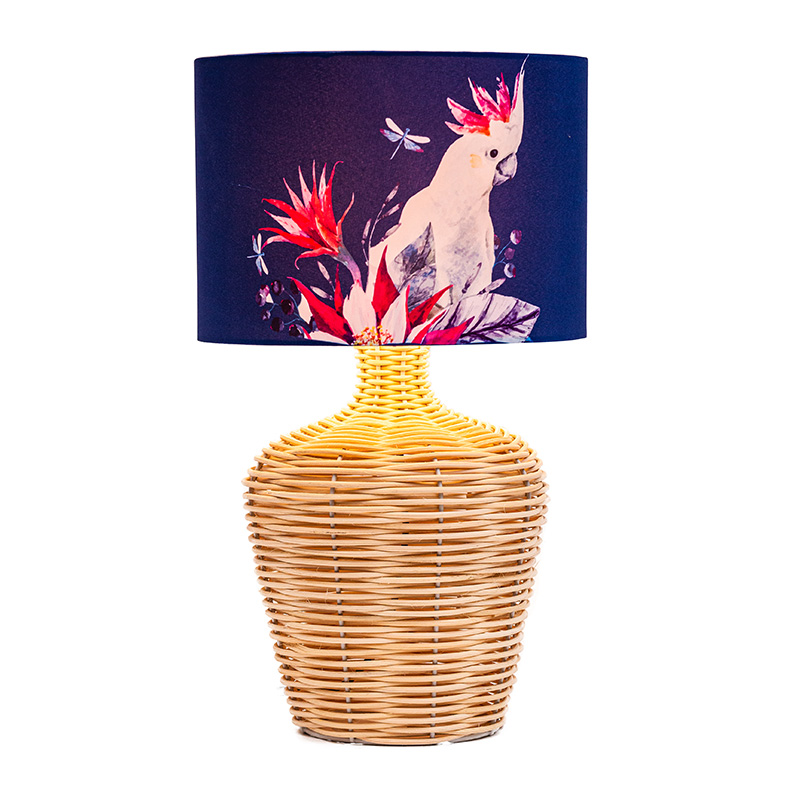 高さ26.5インチ 特大/ラタンテーブルランプ ファブリックシェード付き 天然ラタン/真鍮/ホワイト