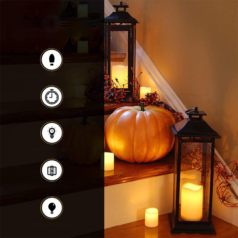 電池式キャンドル付きメタルランタン - トラディショナルブラック、17インチランタン