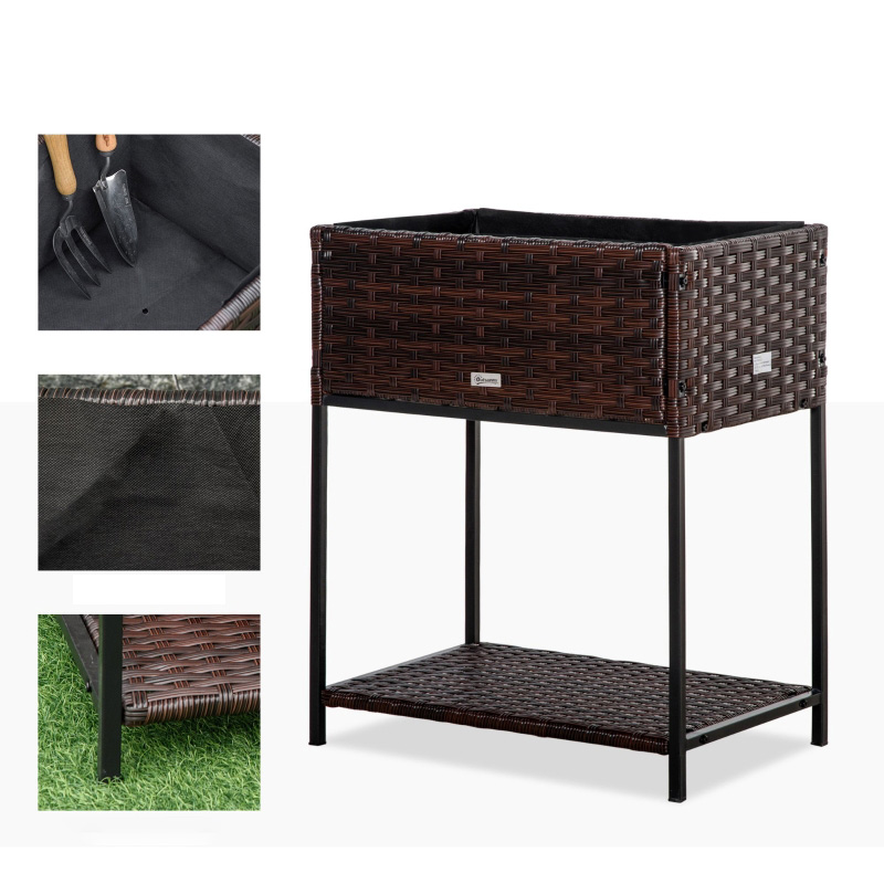 屋内/屋外用ラタンフラワープランターボックス 下に工具収納ラックと頑丈な高さ28インチの作業エリア付き