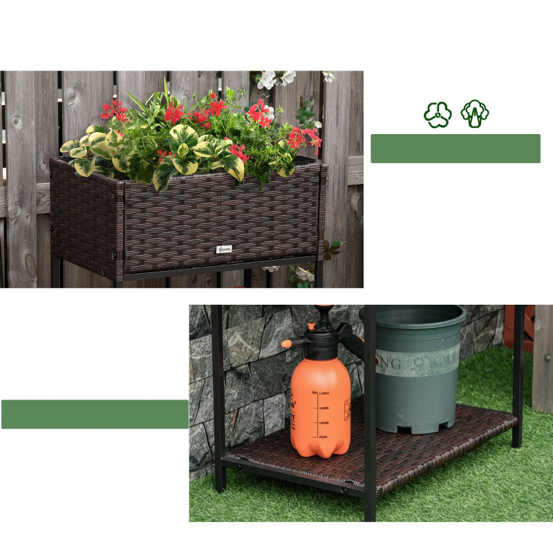 屋内/屋外用ラタンフラワープランターボックス 下に工具収納ラックと頑丈な高さ28インチの作業エリア付き