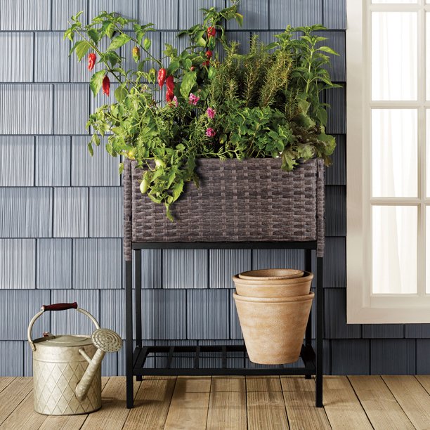 屋内/屋外用ラタンフラワープランターボックス 下に工具収納ラックと頑丈な高さ28インチの作業エリア付き