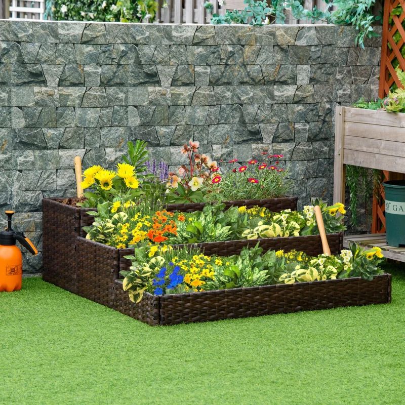 屋内/屋外用ラタンフラワープランターボックス 下に工具収納ラックと頑丈な高さ28インチの作業エリア付き